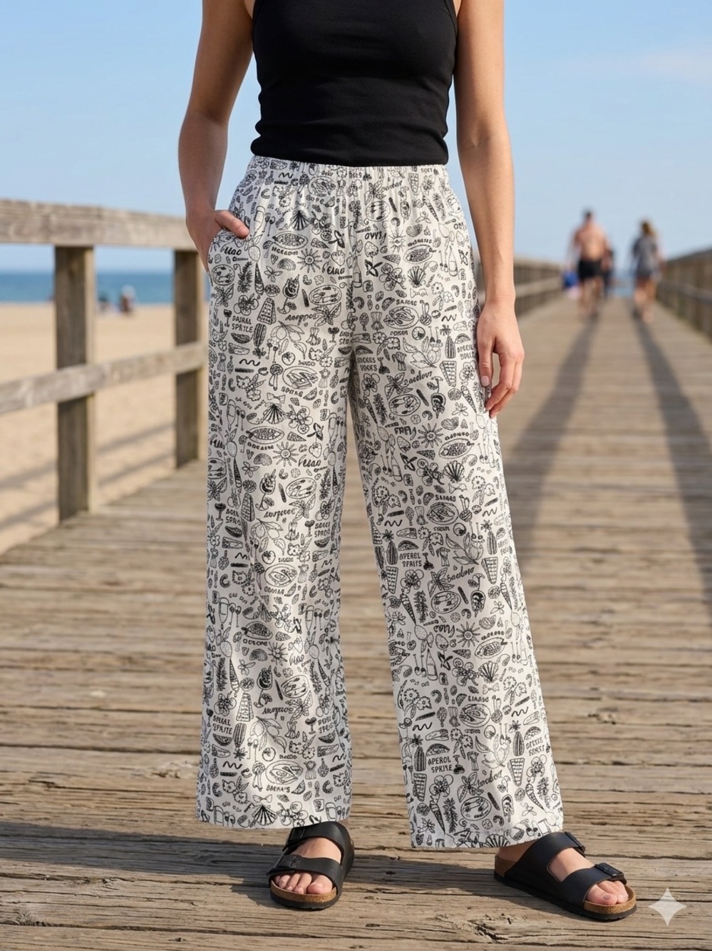 Wide-Leg Printed Travel Pants in Black & White